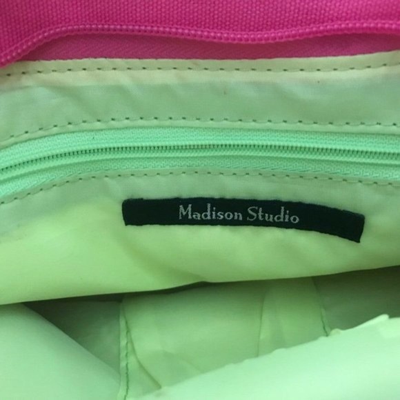 Madison Studio Polka Dots Purse Clutch Wooden Handles Pink Green Embellished - Picture 7 of 9